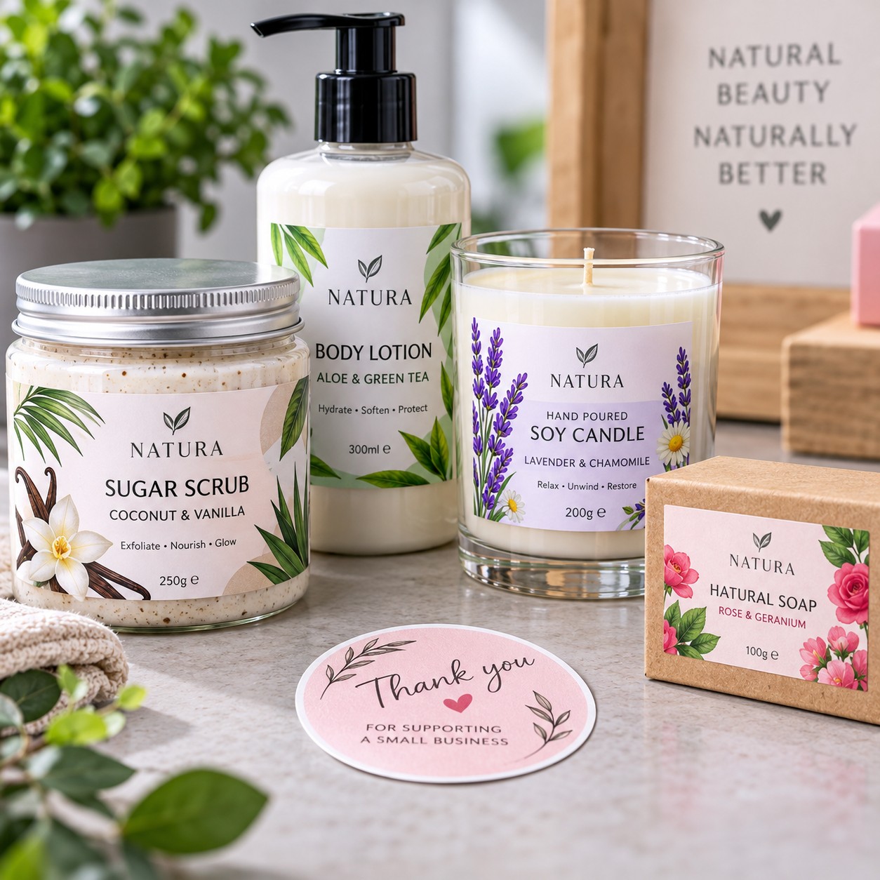 Colour product labels on skincare, candles and small-batch packaging