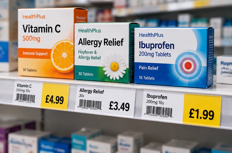 Pharmacy retail product identification and shelf price labels